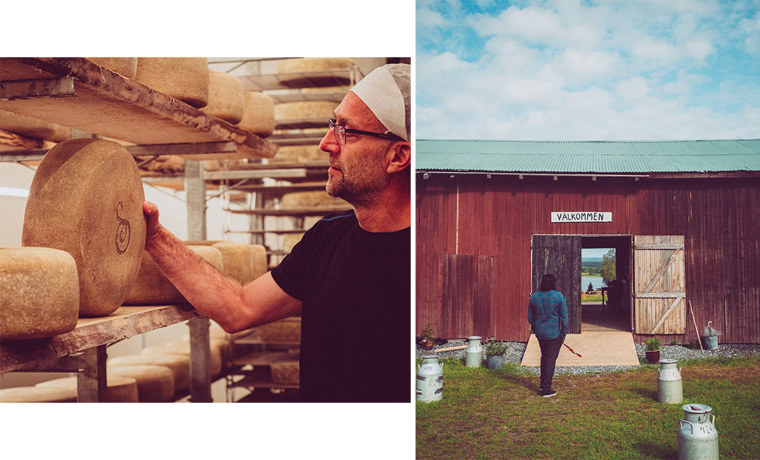 Pär Hellström checks the cheeses that are stored on the shelves in their farm dairy.