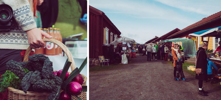 Personer som handlar från marknadsstånden på skördemarknaden i Lövånger kyrkstad.