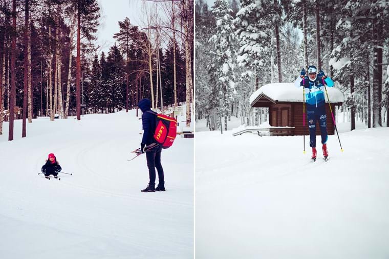 Klas together with one of his children, who is cross-country skiing in the forest.