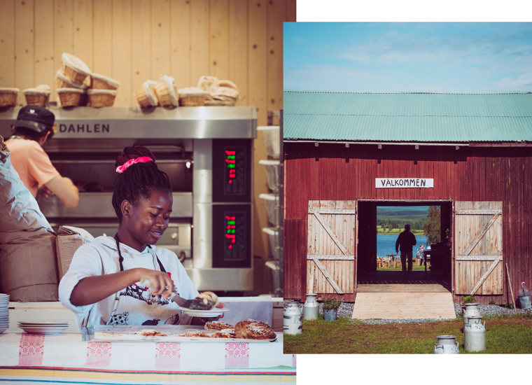 Cafébiträde lägger upp kanelbullar på en tallrik.