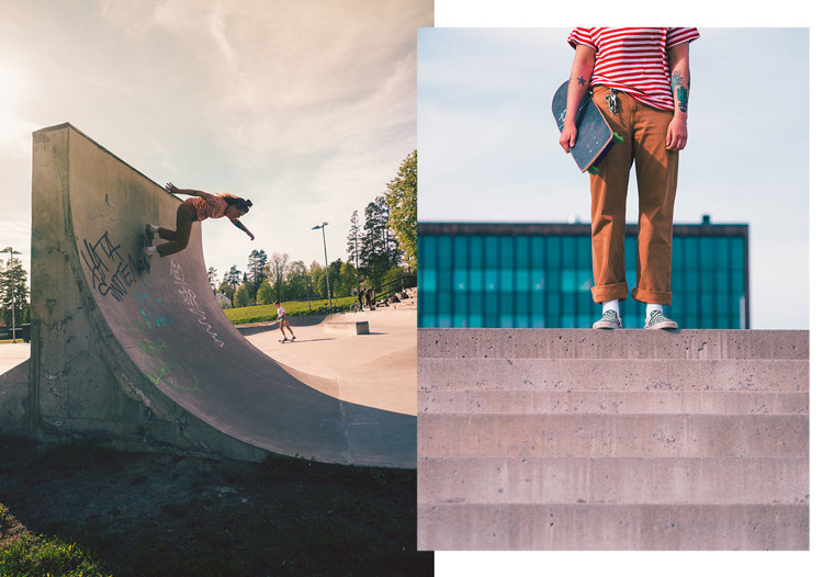 Hanna rides her skateboard in one of the ramps at the skate park.