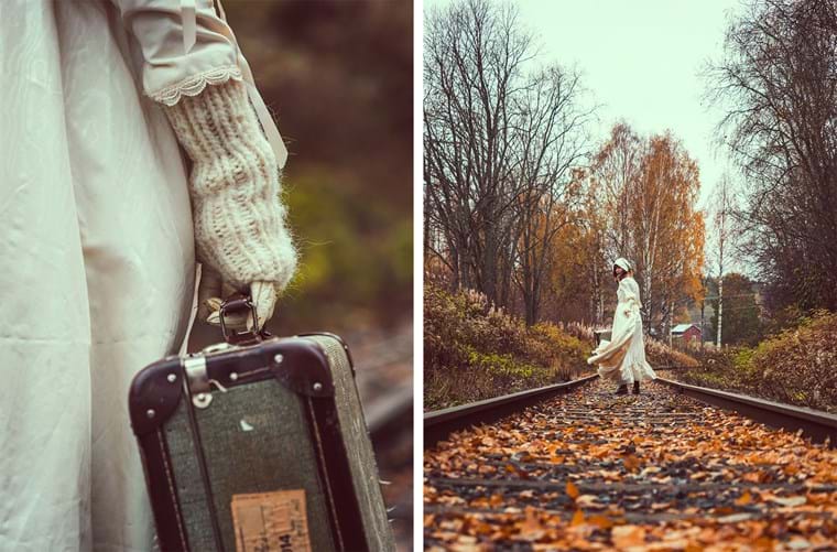 Ett konstfoto av LisaLove Bäckman där hon går på en tågräls iklädd vita gammaldags kläder
