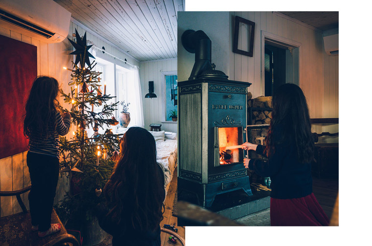Nicole and her children are decorating the Christmas tree.