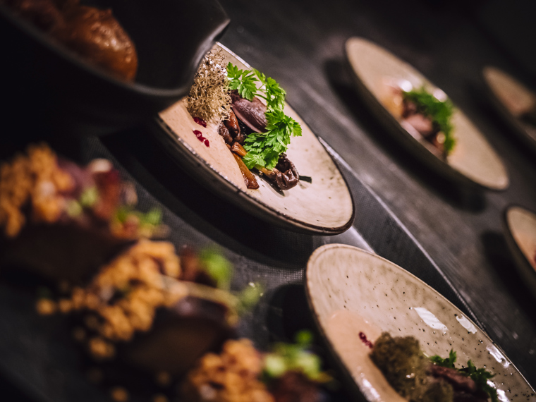 Close-up of two main courses, in the background there are more ready-made dishes.