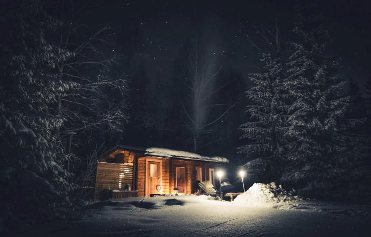 A timbered cottage lights up its surroundings in the middle of the dark woods