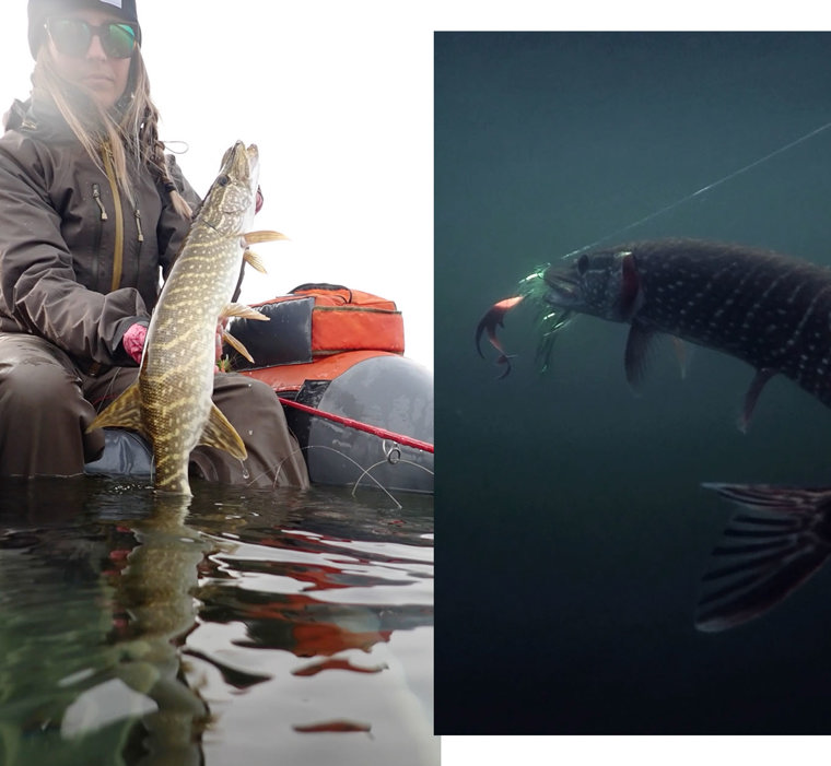 Matilda shows a pike she has just fished up.